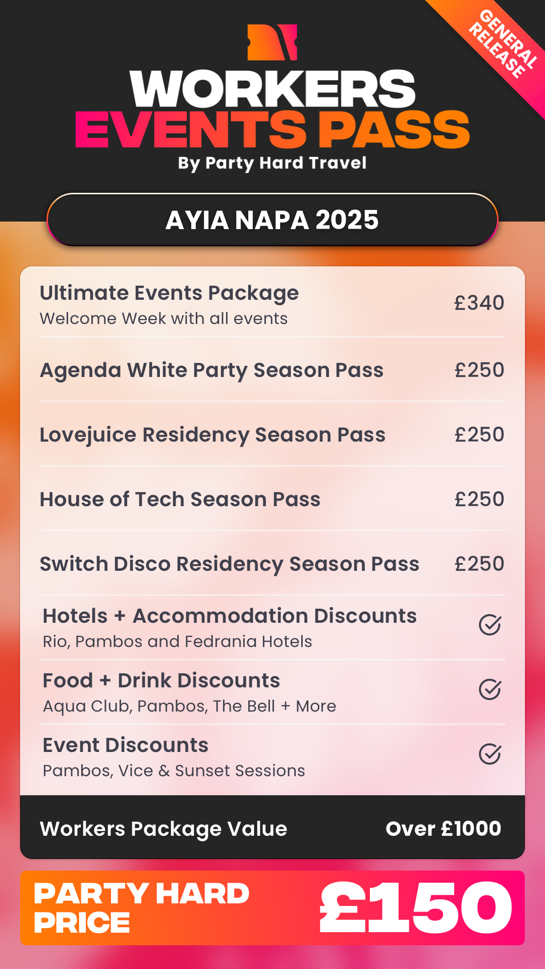 Workers Event Pass General Release Table Ayia Napa